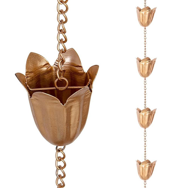 Qipade Rain Chains for Gutter, 8.3 Ft Tulip Rain Water Chain with 12 Cups, Adjustable Gold Rain Catcher Chain, Replacement Downspout for Gutters, Eaves Drainage Decor