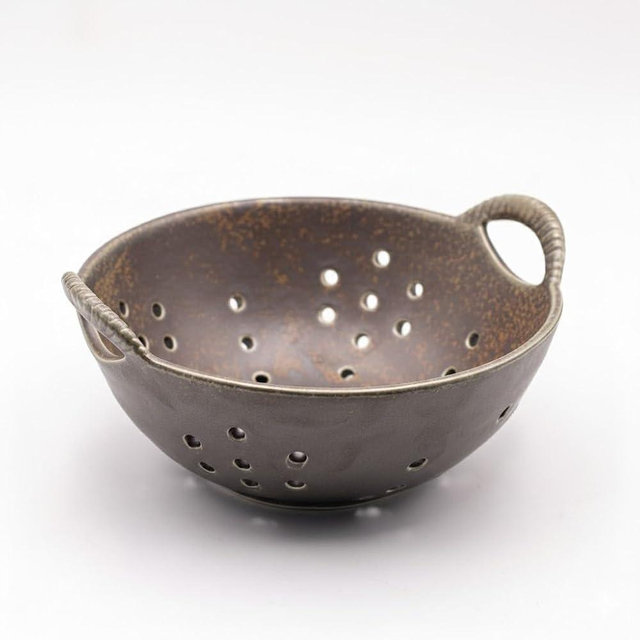 Amitofo 8" Ceramic Berry Colander with Handles, Reactive Glaze Fruit Washing Bowl, Rustic Stoneware Pasta Strainer for Kitchen (Charcoal Grey)