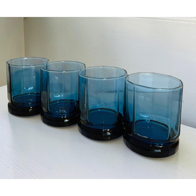 Vintage Anchor Hocking Essex 10-Panel Blue Old Fashioned Glasses – Set of 4
