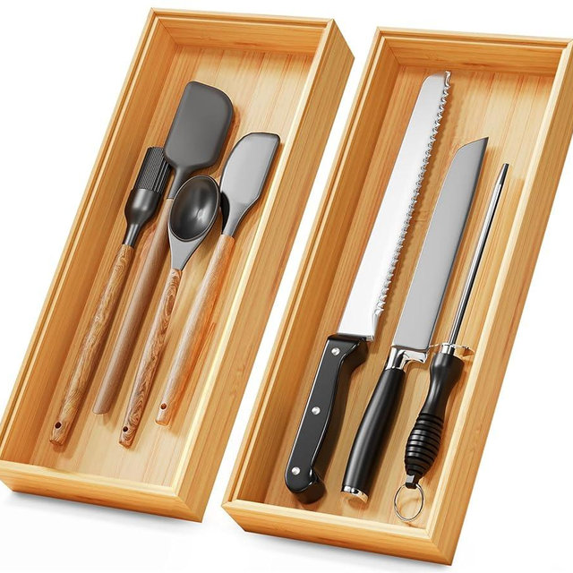 Bamboo Kitchen Drawer Organizer Boxes – 15" x 6" Stackable Wood Silverware Utensil Tray for Drawers Bins, Cutlery & Flatware Storage – Wooden Organizers Set of 2 for Junk Drawer, Bathroom, RV