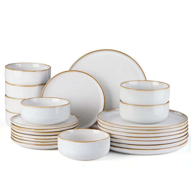E-far Plates and Bowls Set for 8, 24-Piece Stoneware Dinnerware Sets, Ceramic Dinning Ware Reactive Glaze Dishes Set, Microwave & Dishwasher Safe - Seashell White