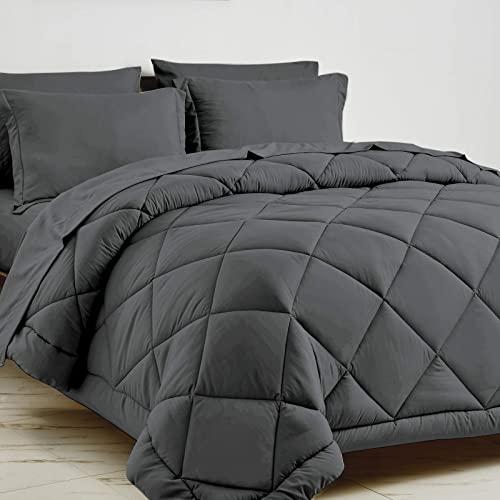 CozyLux King Bed in a Bag 7-Pieces Comforter Sets with Comforter and Sheets Dark Grey All Season Bedding Sets with Comforter, Pillow Shams, Flat Sheet, Fitted Sheet and Pillowcases
