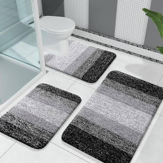 OLANLY Luxury Bathroom Rugs Sets 3 Piece, Soft Absorbent Microfiber Bath Rugs and U-Shaped Contour Toilet Rug, Non-Slip Plush Bath Carpet, Bath Mat Sets for Bathroom (30"x20"+24"x16"+24"x20", Black)