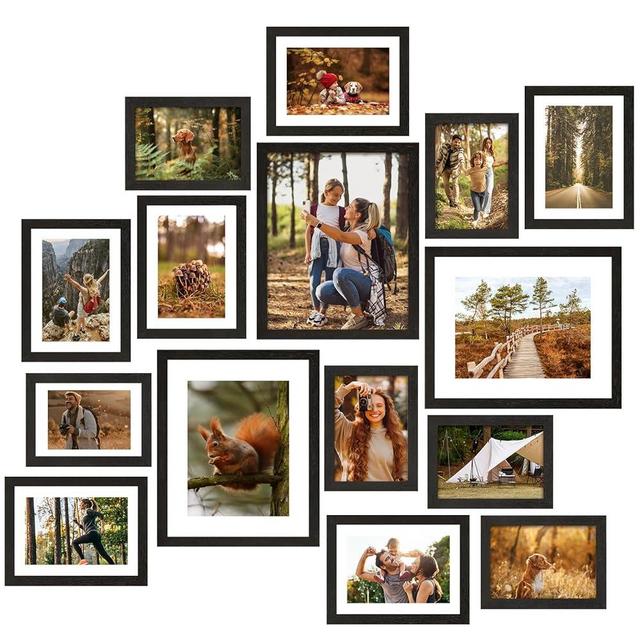 Fixwal Picture Frames, 15 Pack Wall Frame Set with Mat for Multiple Sizes Photos, Three 8x10, Six 5x7, Six 4x6 for Wall Gallery Decor, Hanging or Tabletop Display, Black