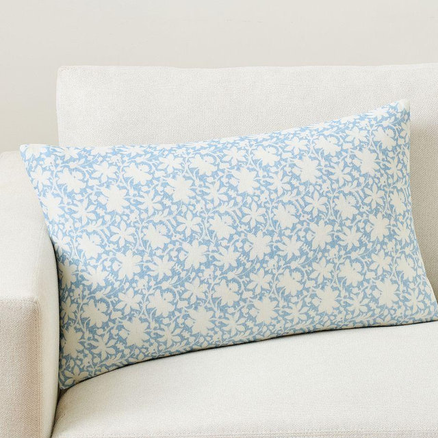 Sienna Printed Vine Lumbar Pillow Cover, Blue/Ivory, 16" x 26"