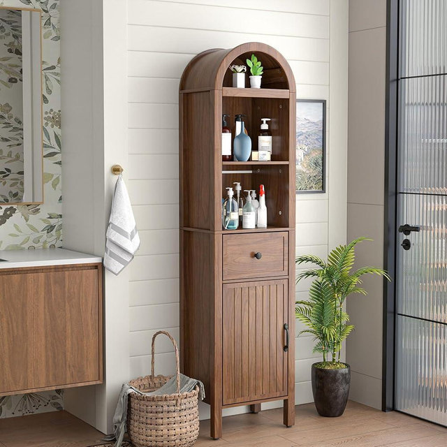 64"Tall Bathroom Storage Cabinet with Adjustable Shelves,Tall Narrow Arched Freestanding Tower Cabinet with Fluted Doors and Drawers,Space Saving Organizer for Bathroom (Walnut, Set 1) (Walnut)