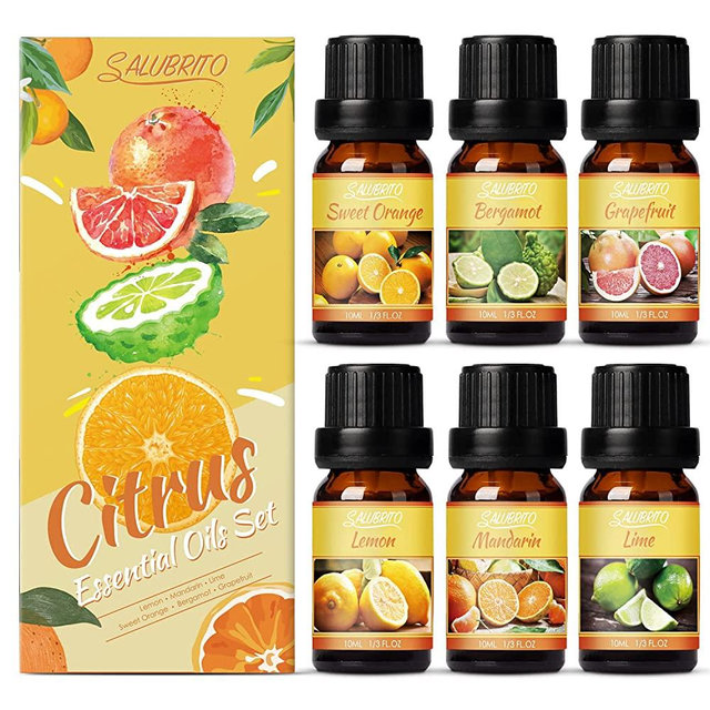Salubrito Citrus Essential Oils Set for Diffuser, Fragrance Oil | Citrus Set of 6 - Sweet Orange, Bergamot, Lemon, Grapefruit, Essential Oil for Soap Making, Diffusers, Candle Making, Slime