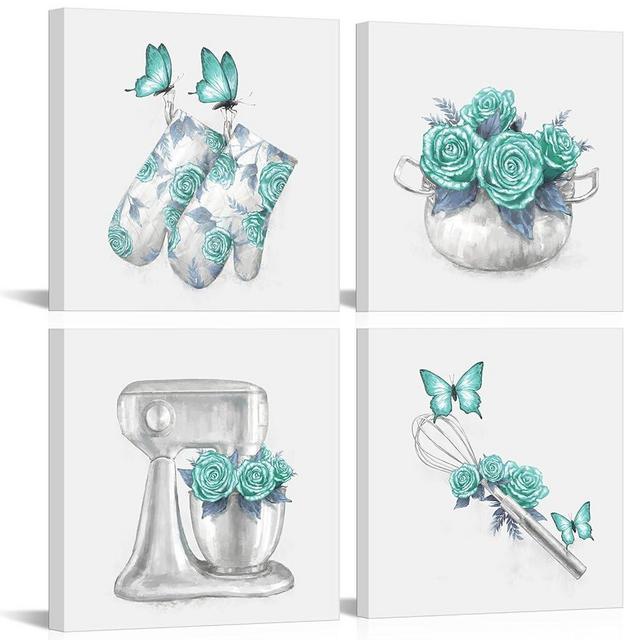 HOMEOART Kitchen Wall Art Farmhouse Kitchen Decor Flower Butterfly Painting Pictures Framed Artwork 12x12inchx4Pieces (Green)