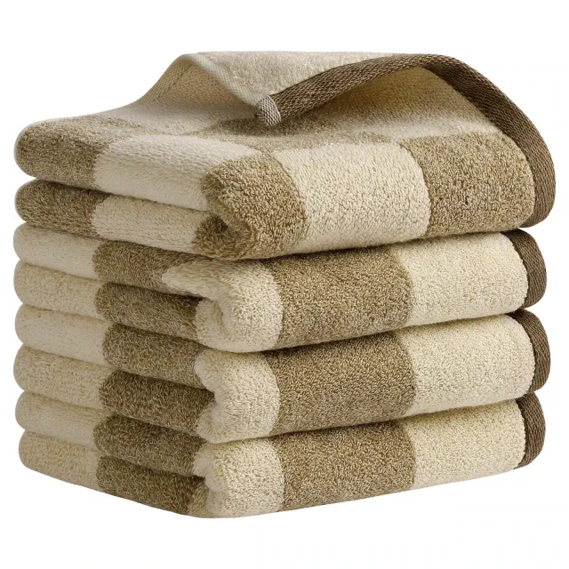 REGALWOVEN Bathroom Checkered Cotton Face Decorative Hand Towel Set 14" x 28" Brown 4 Pcs