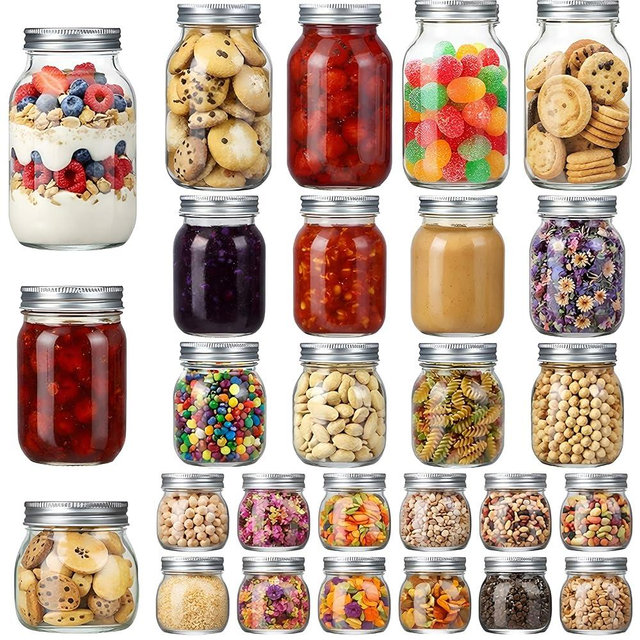 Yiyiring 24 Pcs Large Mason Jars Variety Pack with Lids 25/12/10 oz Clear Glass Mason Jars Bulk Regular Mouth for DIY Projects Meal Prep Honey Wedding Favors Food Storage Dry Food Snack(24 Pcs,Silver)