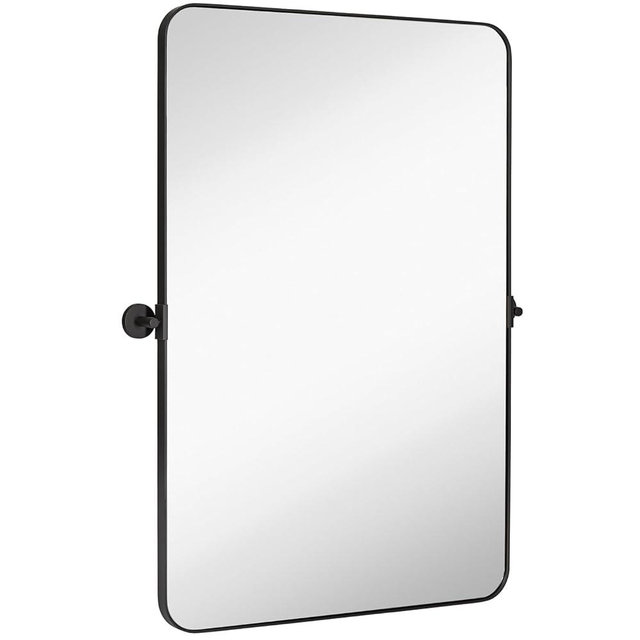 Hamilton Hills 24x36 inch Brushed Black Metal Framed Mirror - Pivot Mirrors for Bathrooms - Rounded Corner Rectangular Frame with Tilt Mirror Brackets - Adjustable and Tilting Farmhouse Wall Vanity