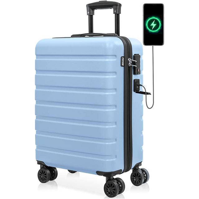 AnyZip Carry On Luggage 21" Hardside PC ABS Lightweight USB Suitcase with Wheels TSA Lock Light Blue