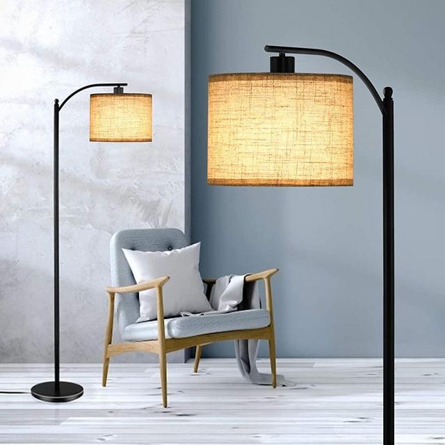 Floor Lamp for Living Room, Standing Lamp with Hanging Linen Lamp Shade and 9W LED Bulb, Modern, Industrial Reading Light, Floor Lamps for Office, Bedrooms, Farmhouse, Black