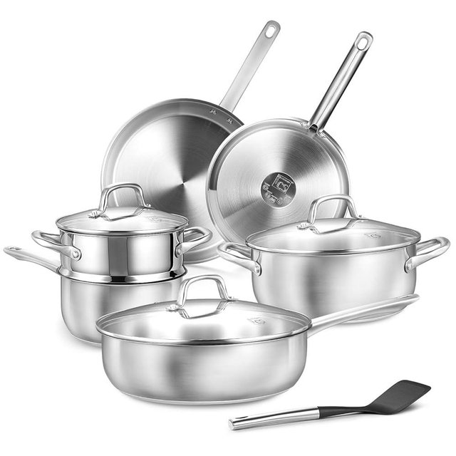 KOCH SYSTEME CS Stainless Steel Pots and Pans Set 10 Piece, Stainless Steel Cookware Set for Professional Cooking, 10 Pcs Kitchen Cookware Sets, Induction Compatible Stainless Steel Pots and Pans Set
