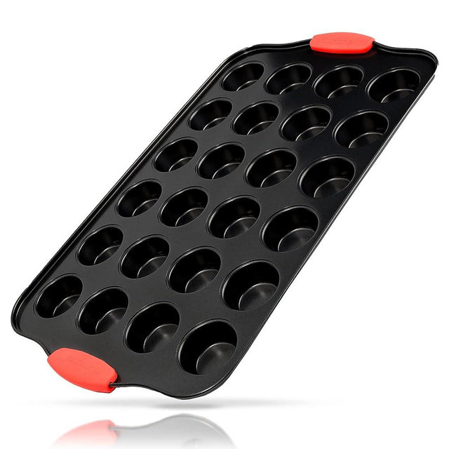 NutriChef 24 Cup Muffin Non Stick Baking Pan with Red Silicone Handles, Attractive Gray Carbon Steel Bake Pan, Commercial Grade Restaurant Quality Metal Bakeware
