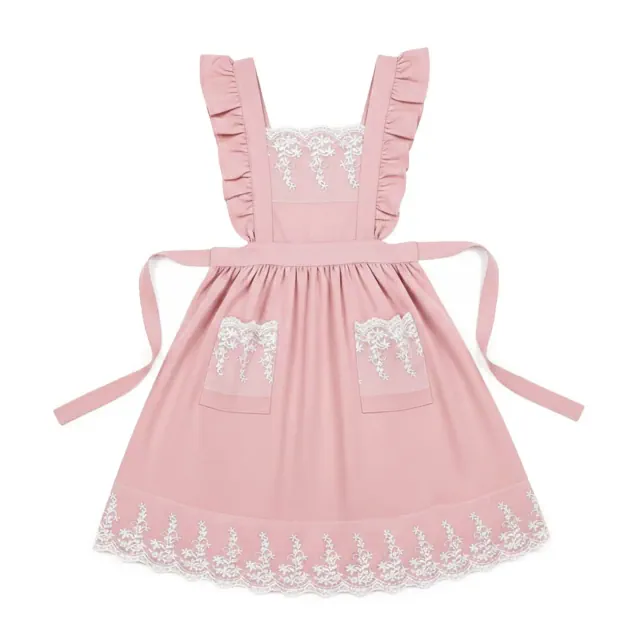 Alilang Lace Trim Ruffle Kitchen Apron with Embroidered Bib Detail Dual Front Pockets and Adjustable Waist Ties - Pink
