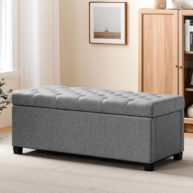 47.2" Ottoman with Storage, Storage Ottoman Bench with Safety Hinge,Tufted End of Bed Bench, Upholstered Entryway Bench for Bedroom, Living Room & Window (Lightgrey-Upgraded Version)
