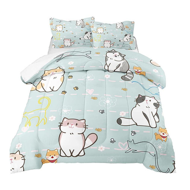 Kossmjx Cat Bedding Set Twin Size, Cartoon Cats Comforter for Girls Kids Teens, Blue Lovely Quilt Animal Pattern Comforter Set Soft Breathable Cute Duvet Set for All Season 2Pcs with Pillowcase