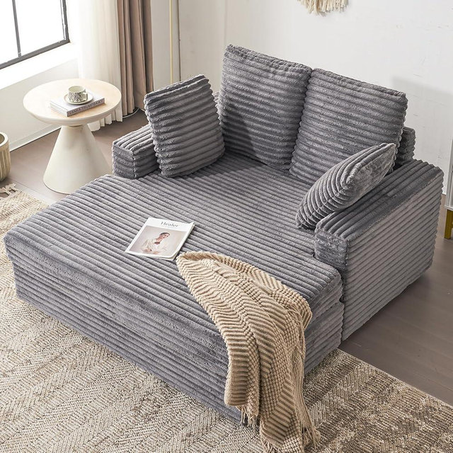 Furnimart Chaise Lounge Chair Indoor, 58 Inch Sleeper Sofa with 2 Throw Pillows, Fluffy Corduroy Loveseat Couch for Living Room, Comfy Oversized Reading Chair, Gray