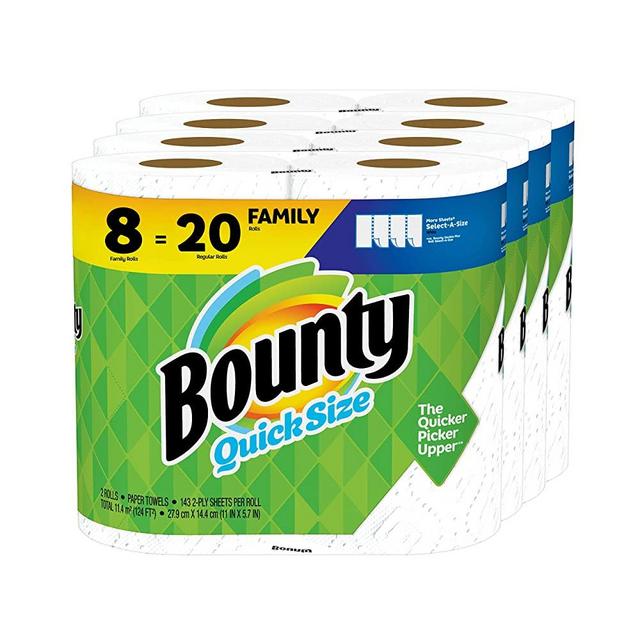 Bounty Quick-Size Paper Towels, White, 8 Family Rolls = 20 Regular Rolls