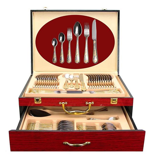 Venezia Collection 75-Pc Luxury Flatware Set for 12 w/Storage Case 24K Gold Premium Dining Cutlery Service - 18/10 Surgical Stainless Steel Silverware Hostess Serving Set in a Chest