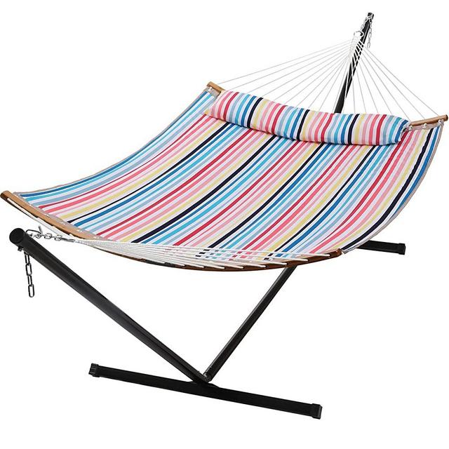 SUPERJARE Hammock with Stand, 2 Person Heavy Duty Hammock Frame, Detachable Pillow & Strong Curved-Bar & Portable Carrying Bag, Perfect for Outdoor & Indoor - Light Coral