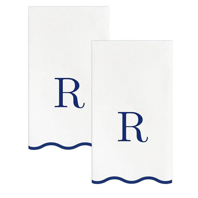 Stxy's Monogram Guest Towels, 40 Lettered Hand Towels - Navy Blue Letter 'R', Decorative Scalloped Monogrammed Paper Napkins, Blue and White Disposable Dinner Napkins for Bathroom, R Christmas Gifts