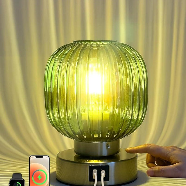 Touch Small Table Lamp,Elegant Green Glass Bedside Lamp 3 Way Dimmable with USB C+A Charging Ports - Bedroom Nightstand & Living Room Essential, 4W Bulb Included (Green)