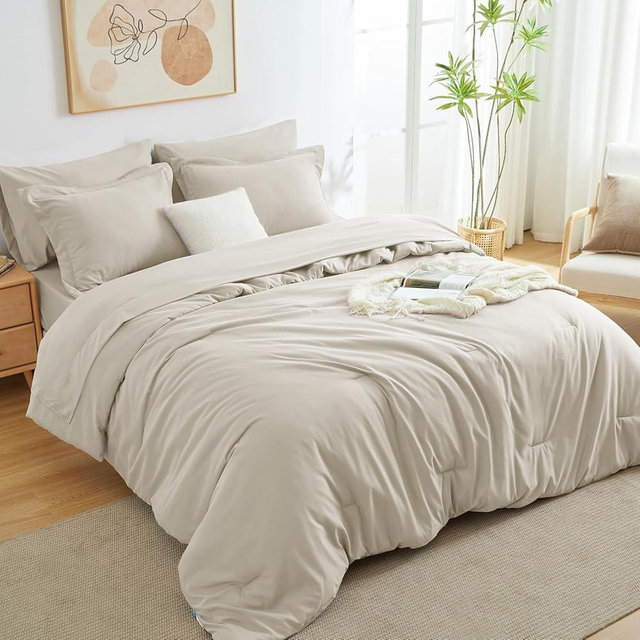CozyLux Queen Comforter Set Oatmeal, 7 Pieces Bed in a Bag Soft Bedding Comforter Set with Sheets, All Season Boho 7PC Bed Sets with Comforter, Fitted Sheets, Flat Sheets, Pillow Shams and Pillowcases