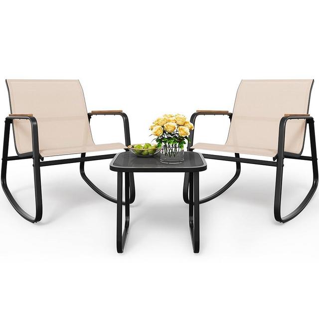 YITAHOME 3 Piece Rocking Bistro Set, Outdoor Patio Furniture Set with Wooden Armrests, Porch Chairs Set with Glass Table for Lawn, Garden, Balcony, Poolside, Beige
