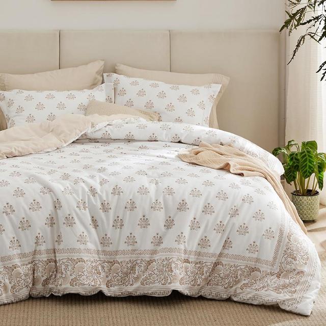 Bedsure Boho Floral Comforter Set Queen Size - 100% Cotton Fabric with Microfiber Inner Fill, Beige Bedding Comforter Set, 3 Pieces, 1 Soft Reversible Western Farmhouse Comforter and 2 Pillow Shams