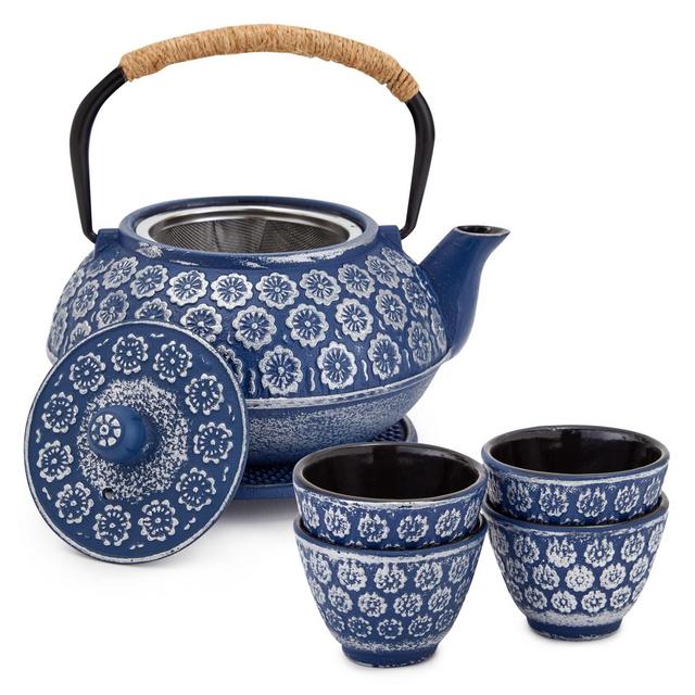 Juvale Set of 6 Blue Cast Iron Floral Teapot Kettle Set, Japanese Tea Pot with Infuser, Trivet & 4 Teacups, 32 oz