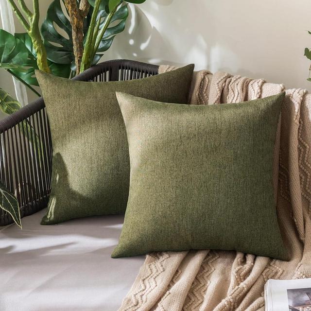 MIULEE Pack of 2 Decorative Outdoor Solid Waterproof Throw Pillow Covers Polyester Linen Garden Farmhouse Cushion Cases for Patio Tent Balcony Couch Sofa 18x18 inch Olive Green