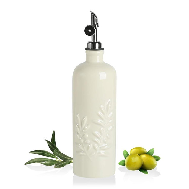 Sweejar 18 Oz Oil Dispenser for Kitchen with Gravity Spout, Ceramic Olive Oil Dispenser Bottle, Relief Opaque Vinegar Container for Evoo, Vinegar, Soy Sauce, Pack of 1(Beige, Silver Spout)