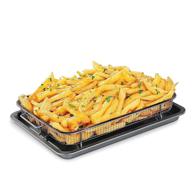 Air Fryer Crisping Basket & Tray Set for Oven, Crispy tray | Oven Baking Tray w/Elevated Mesh Crisping Grill Basket, Ceramic coating Healthy Cooking PTFE/PFOA/PFOS FREE Extra-large (9.5"x13", Gray)