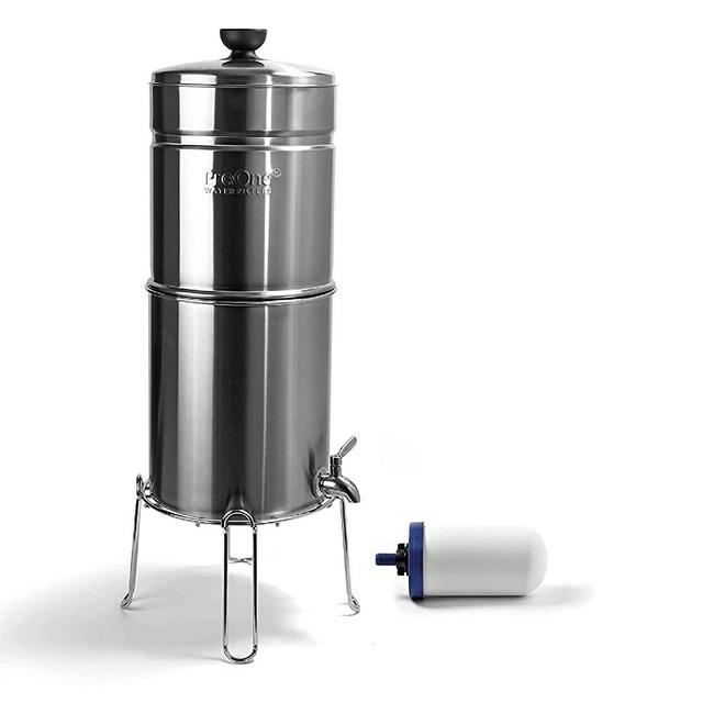 ProOne Traveler+ Stainless-Steel Gravity Water Filter System, 2.25-Gallon Water Capacity, Countertop Water Dispenser for Home, Camping, and Travel w/ 5-inch Filter & Wire Stand