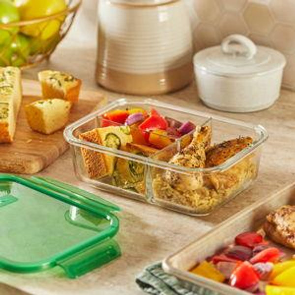 Pyrex® MealBox™ 5.5-cup Divided Glass Food Storage Container with Gree