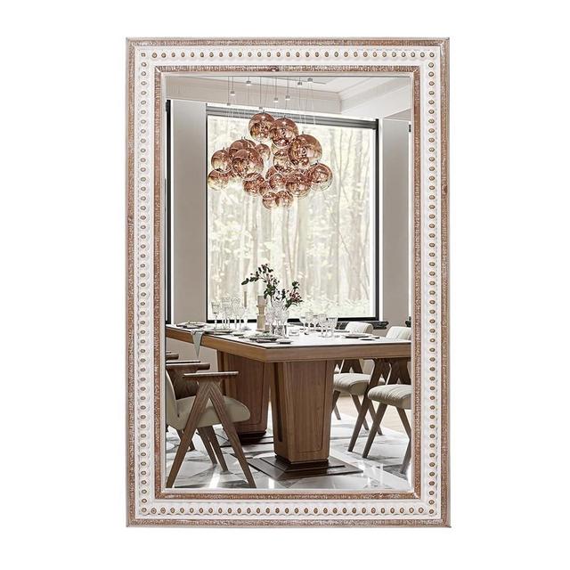 36x24'' Boho Rectangle Mirror Wooden Bathroom Mirrors for Over Sink, Rustic Wall Mirror with Beaded Farmhouse Decorative Mirrors for Bedroom, Living Room, Entryway - Vertical or Horizontal Hanging
