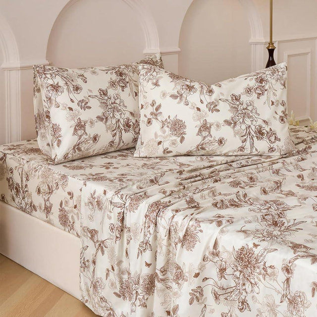 Huborise Brown Floral Bed Sheets Set 100% Cotton Percale Sheets Full Size Vintage Toile Flower Printed Sheets, Soft & Breathable Khaki Luxury Bedding, Deep Pocket Fitted Sheet 17.5" 4 Pcs