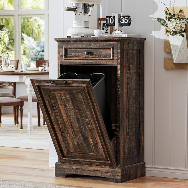 AHB 13 Gallon Tilt Out Trash Cabinet Kitchen Waste Bins, Laundry Hamper Tilt Out Pet Proof Hidden Trash Can for Kitchen Living Room, Rustic Brown