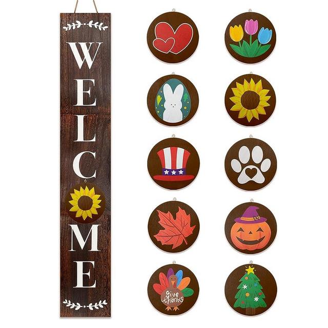 Monjita Welcome Sign for Front Porch Standing, Interchangeable Welcome Standing Sign with 5 Designed Double-Sided Icons for Front Door, All Seasonal Farmhouse Rustic Modern Porch Decor for Fall Harvest Thanksgiving Christmas, 47 x 7.9 Inch Wooden Vertical Indoor Outdoor Sign (Walnut)