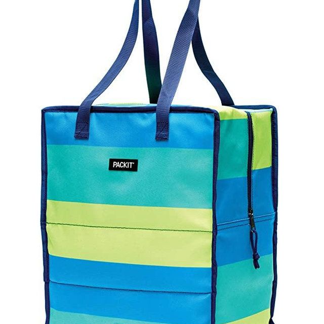 PackIt Freezable Grocery Shopping Bag with Zip Closure, Fresh Stripe