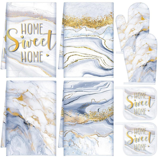 Leinuosen 8 Pcs Kitchen Towels and Dishcloths Sets Oven Mitts and Pot Holders Sets Absorbent Kitchen Gloves Potholders Heat Resistant for Chef Baking Cooking(White,Marble)