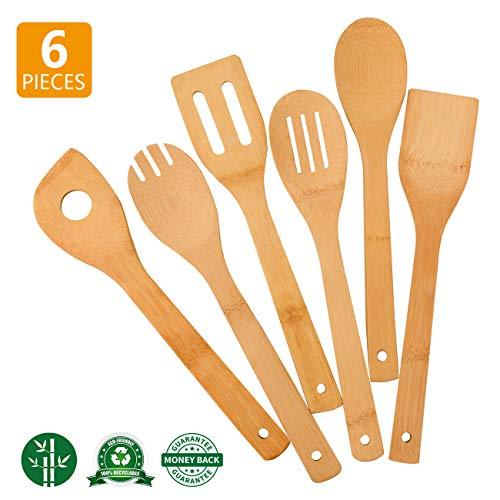 Zhuoyue Kitchen Cooking Utensils Set, 6 Pcs Bamboo Wooden Spoons & Spatula Kitchen Cooking Tools for Nonstick Cookware and Wok