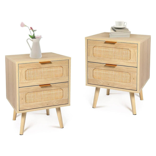 TYBOATLE Nightstand Set of 2, Boho Bedside Table with Rattan Drawers, Mid-Century Modern End Table with Wood Legs, Accent Storage for Bedroom