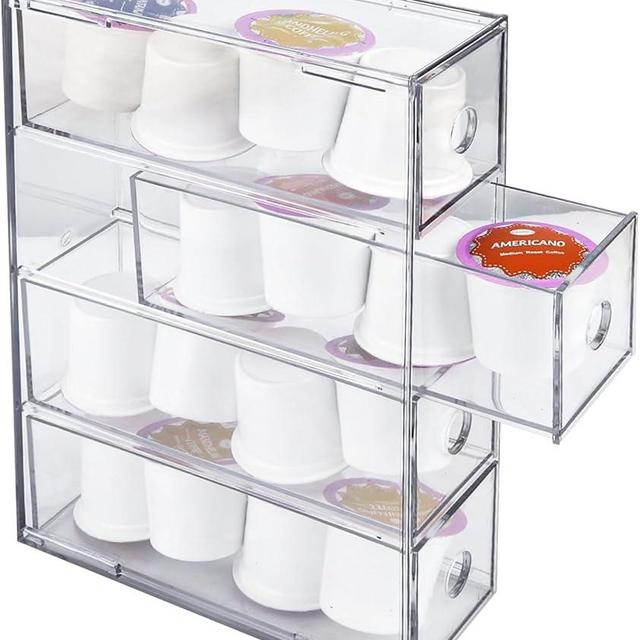 NOKI Acrylic Coffee Pod Holder - Clear K Cup Organizer with 4 Drawers, Coffee Pod Organizer for Espresso, Vertuo, and K Pods, Coffee Capsule Holder for Coffee Bar Station Counter
