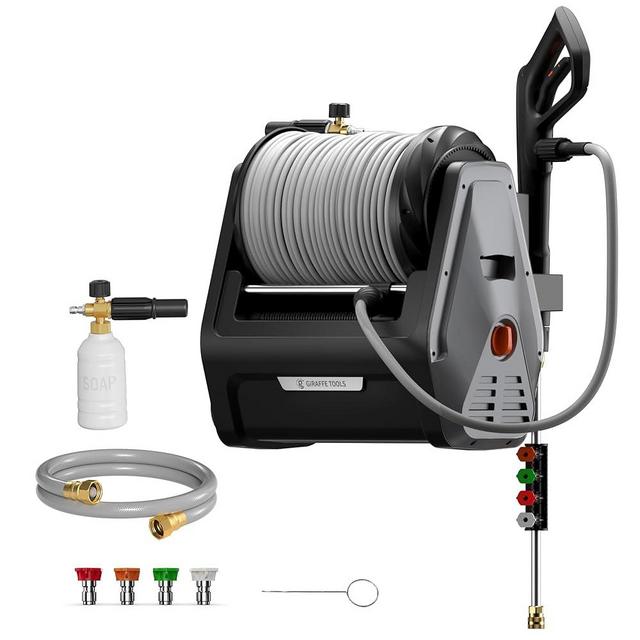 Giraffe Tools Grandfalls Pressure Washer Plus+, Electric Wall Mount Power Washer with 100FT Ultra-Soft Pressure Hoses, 2400PSI, 2.0GPM, 4 Nozzles, Foam Cannon for Cars/Patios, Dark Silver