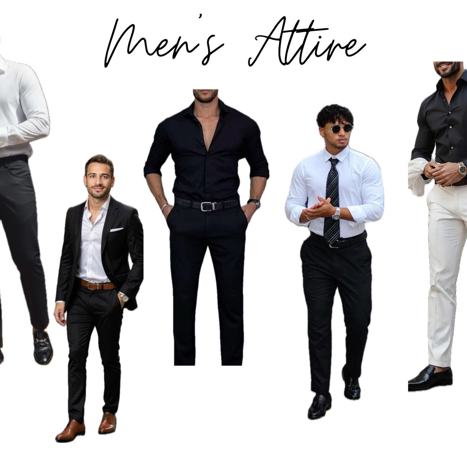 Inspiration for Men. Black AND White - Can be with or without suit jacket. If wearing a tie can refer to colors on the women’s inspo picture.