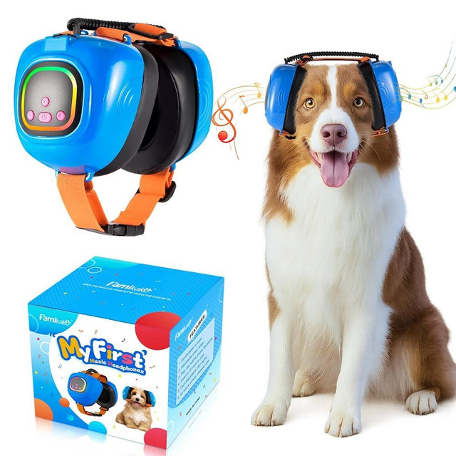 Famikako Dog Music Headphones for Anxiety Relief Fireworks Thunder Noise Protection Earmuffs with Active Cancelling Calming Classical ASMR Music for Dogs – Pet Ear Muffs (Blue, Medium)