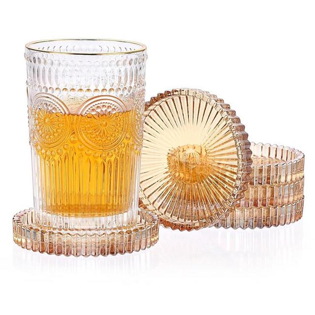 JUXYES 5 Pack Amber Tone Crystal Coasters Round Cup Mat, Glass Coasters for Drinks Coffee Tea Wine, Decorative Wine Bottle Coaster, Crystal Drink Coaster for Restaurant bar Kitchen Dining Table